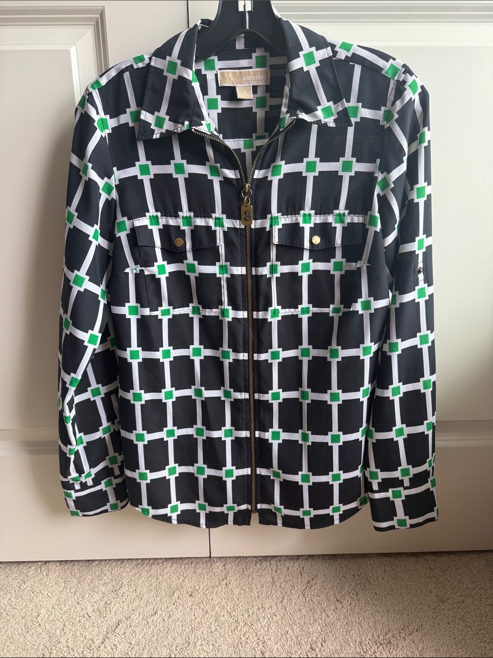 MICHAEL Michael Kors Black, White & Green Geometric Zip-Front Blouse